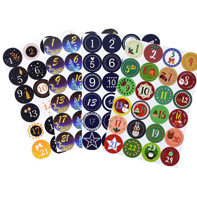 24Pcs 4.5cm Merry Christmas Advent Calendar Number Paper Stickers DIY Scrapbooking Round Christmas Sticker Label Xmas Decor