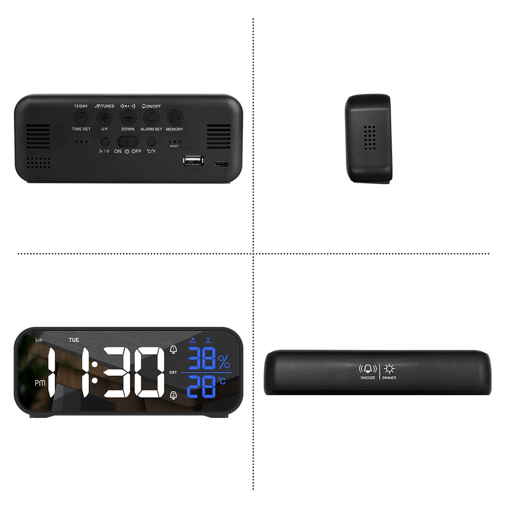 Snooze Table Clock USB Rechargeable Digital Clock with Voice Control Temperature Humidity LED Music Alarm Clock Multi-functional