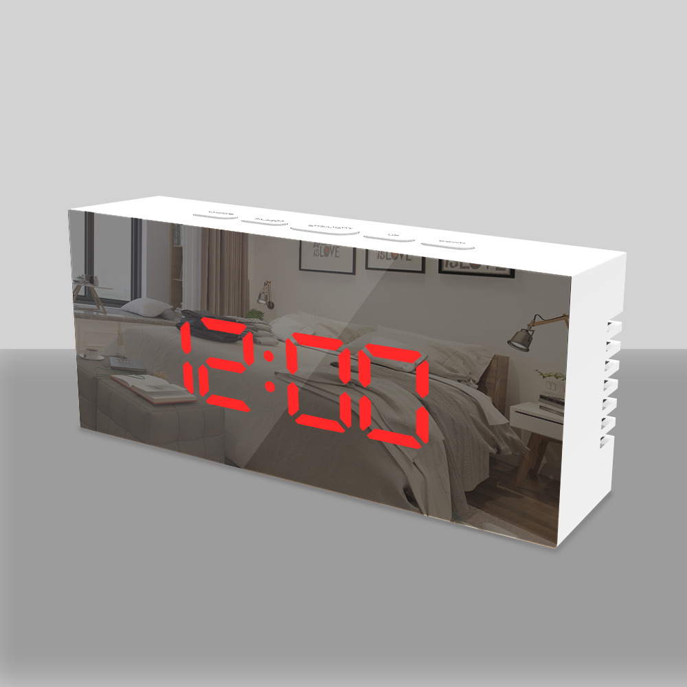 Miroir LED réveil Table horloge lumineux numérique Snooze temps température réveil lumière rétro-éclairé bureau horloge chambre: White shell reb