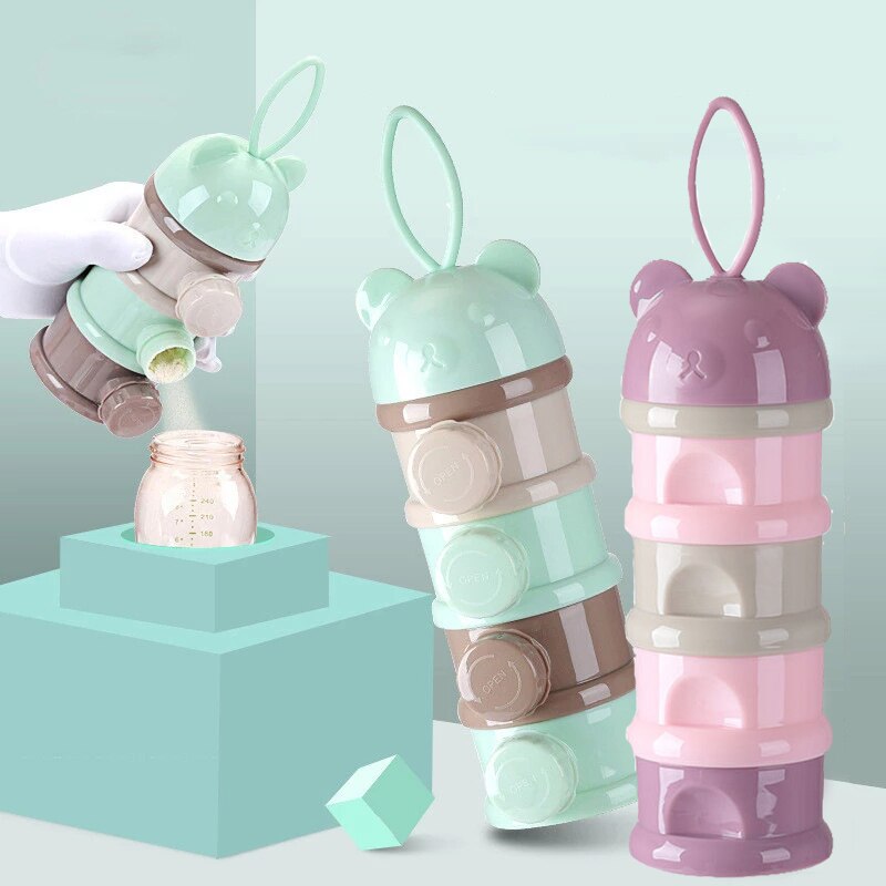 Caja portátil de almacenamiento de alimentos para bebé, recipiente de dibujos animados para cereales, leche en polvo, aperitivos, 3 o 4 capas, estilo oso