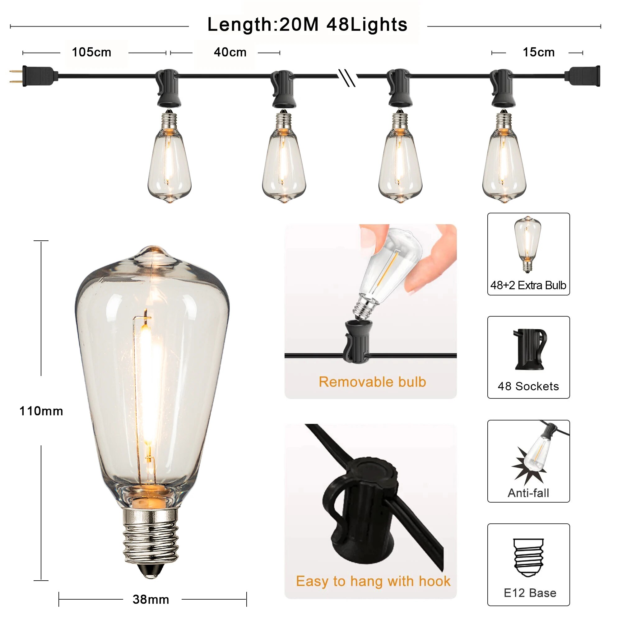 ST38 Lichtslingers Buitenslinger Aansluitbaar Onbreekbaar Waterdicht Plastic LED-lamp Dimbaar Patio Tuin Decor Fairy Lighst: RGB / ons aansluiten
