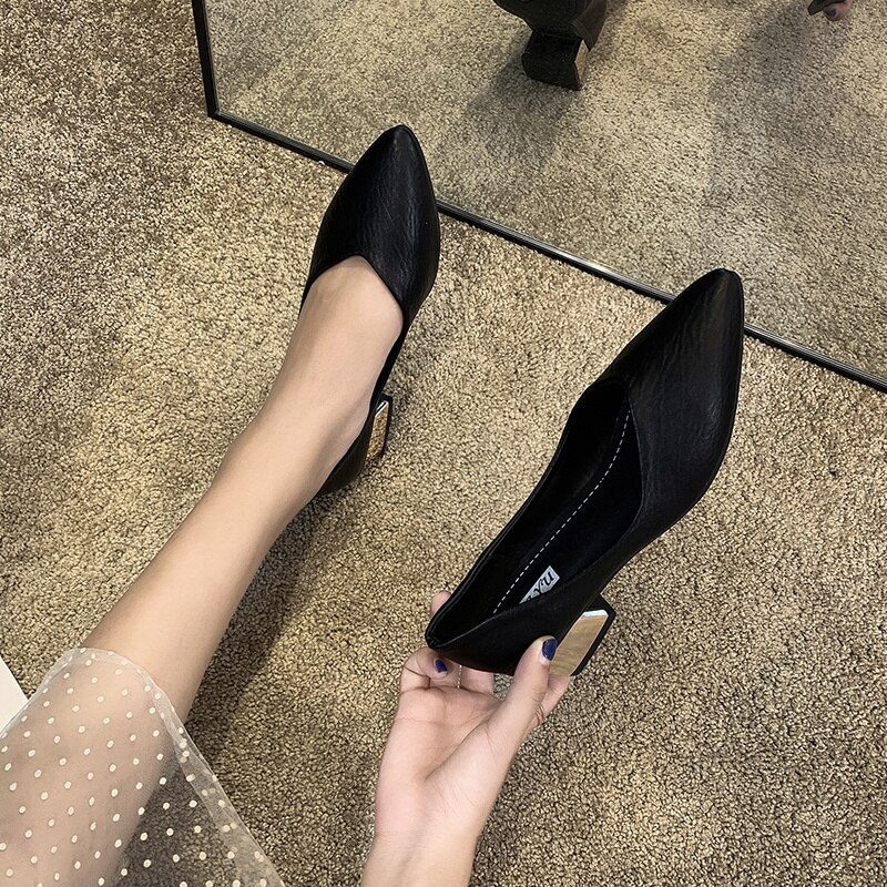 Kvinnor läder pumps skor kontor dam högklackat spetsiga tå slip on arbetsskor vår sommar klassiska klack 4 cm: Svart / 6