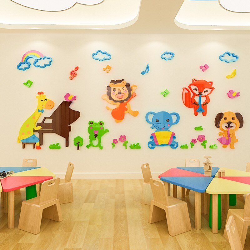 Kindergarten music classroom wall decoration acrylic 3D cartoon animal room decoration wall stickers
