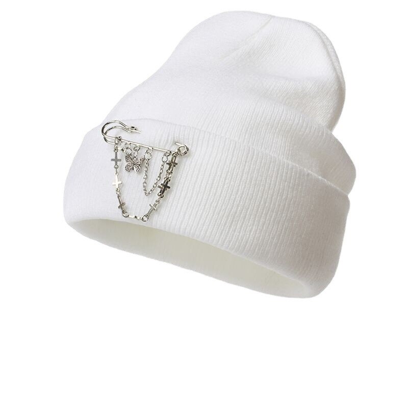 Women's Beanie Hats with Butterfly Chain Accessories for Winter Hip-Hop Knitted Hats Cap Streetwear Warm Hat Girls: White