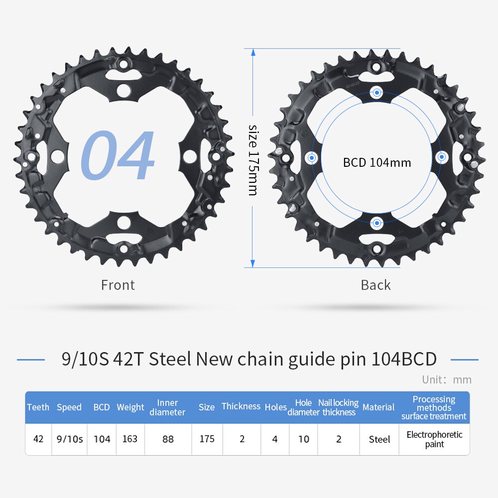 PROWHEEL-plato redondo para bicicleta de montaña, rueda dentada de aleación de acero, 64/96/104BCD, 22T, 24T, 30T, 32T, 40T, 42T, 44T: 10S 42T  New 104BCD