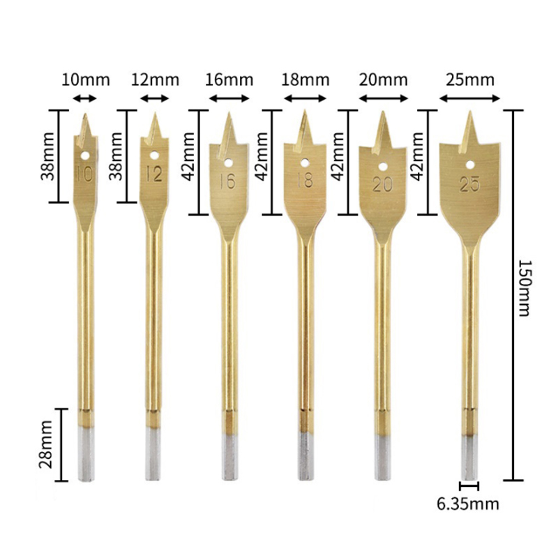 6 Stks/set 10-25Mm Platte Boren Duurzaam High-Carbon Staal Houten Hand Boor Titanium gecoat Spade Houtbewerking Power Tool
