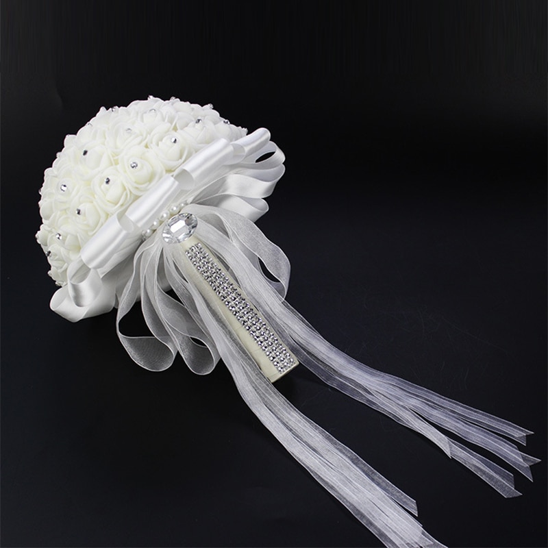 AYiCuthia boeket zijde bloemen Bridesmaid Wedding Foamflowers White Rose Bridal bouquet White Satin Romantic Wedding bouquet S21