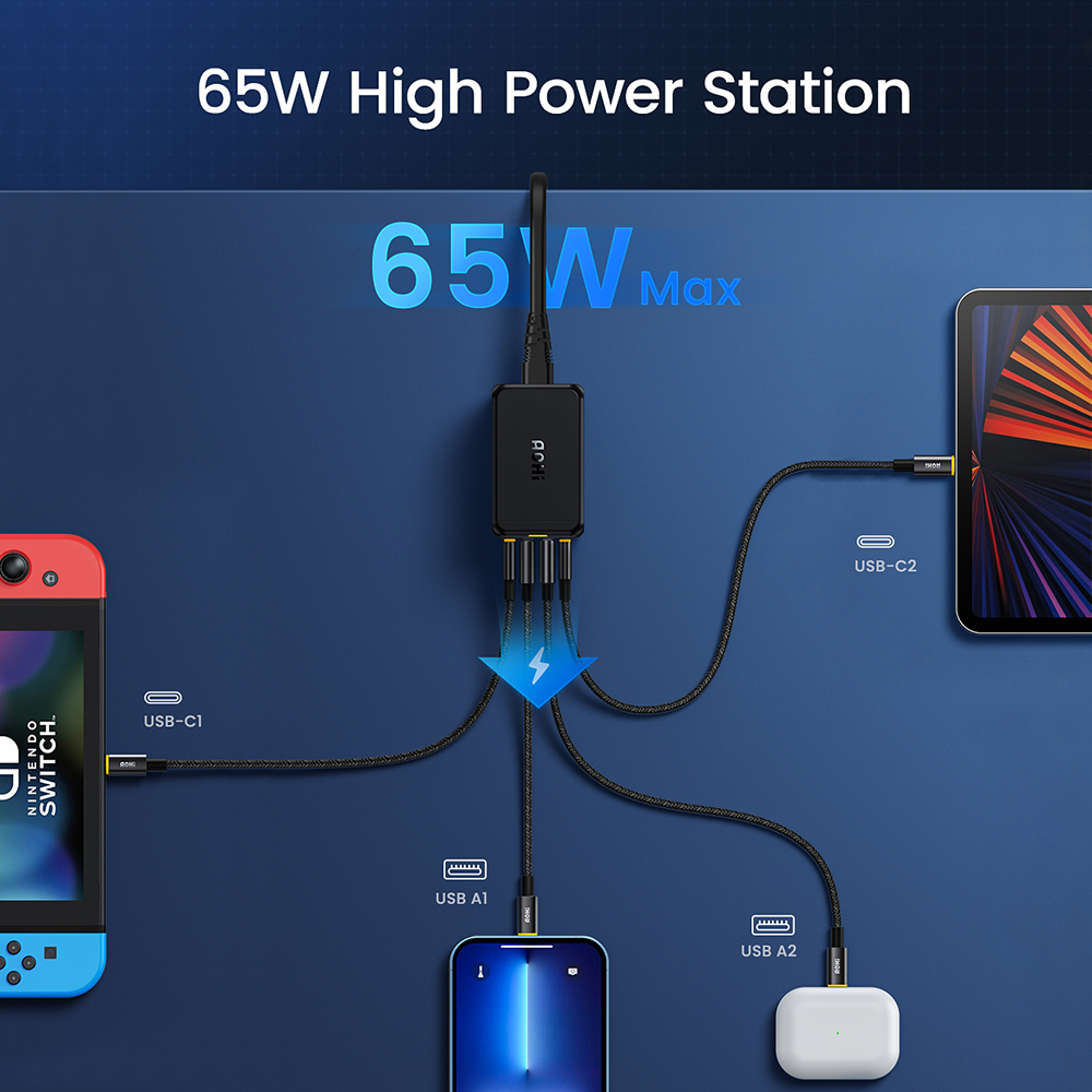AOHI USB C Ladegerät GaN 65W 4-Port Desktop USB Ladestation PD Schnelle Lade Adapter für Macbook iPhone 13 12 Pro Max Galaxy