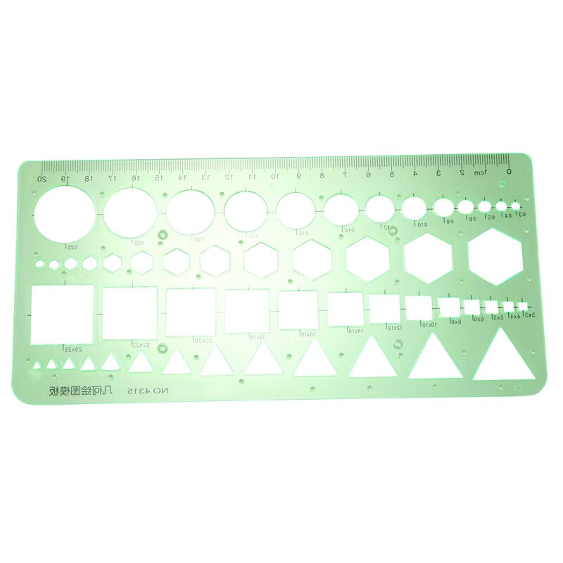 Green Plastic Circles Squares Hexagons Geometric Template Ruler 0-20cm