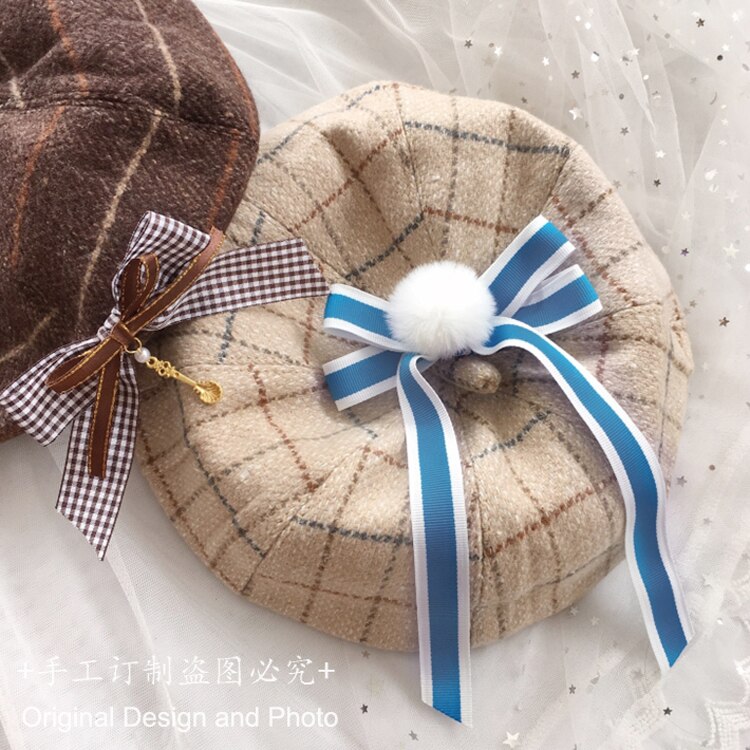 Japansk søt nydelig ull rutete åttekantet kuppel lue retro lolita beret søt høst vinter myk jente gresskar cap maler lue