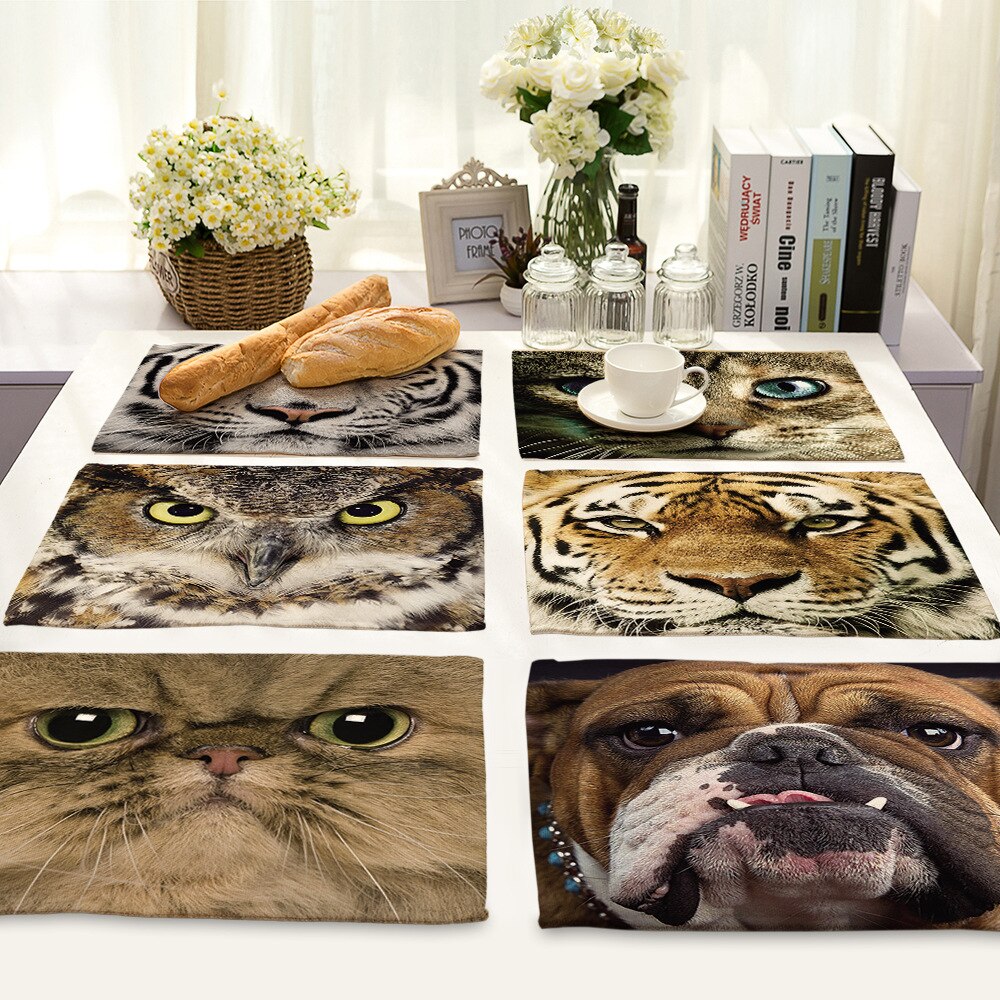 Cotton Linen Art Food Placemat for Dining Table Animal Face 3D Printing Kitchen Accessories Cup Coaster Cat Dog Desgin Mat