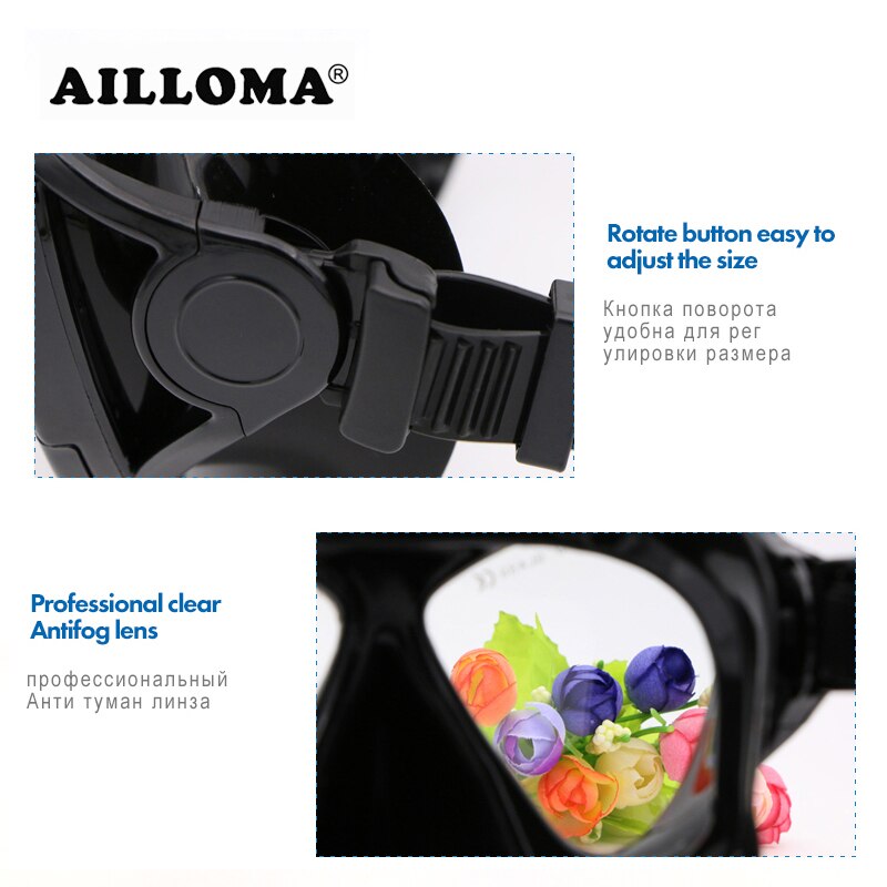 AILLOMA Wide ViSion Diving Mask Scuba Underwater Anti Fog Swimming Glasses Black Silicone Snorkeling Set For Adults Goggles