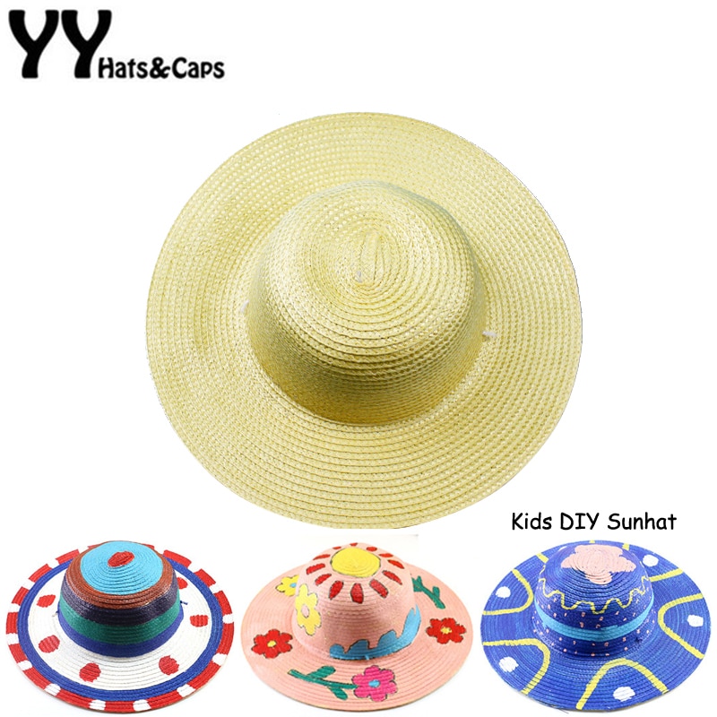 DIY Stro Hoeden Voor Kinderen Zomer Strand Cap Jongen meisje Schilderen Creatie Hoed Tekening Doodle Strohoed Effen Kleur YY1838