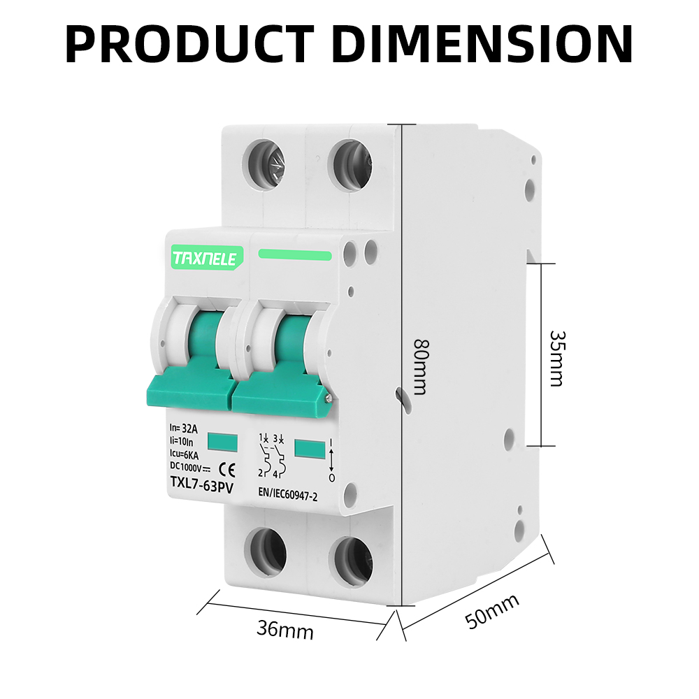 2P DC 1000V L7 MCB Solar Mini Circuit Breaker Overload Protection Battery Switch 10A 16A 20A 25A 32A 40A 50A 63A Photovoltaic PV