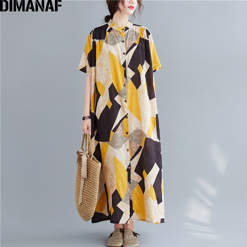 Dimanaf plus size vestido feminino algodão estampado verão vestido de verão roupas casuais senhora vestidos botão solto cardigan camisa vestido 5xl