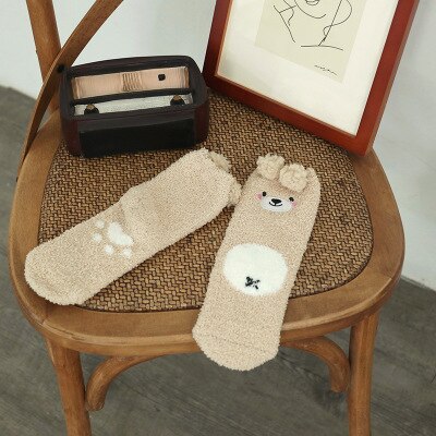 Winter Soft Brushed Thick Cute Cartoon Animal Bear Ears Warm Ladies Floor Sock Coral Half Velvet Women's Socks: 2