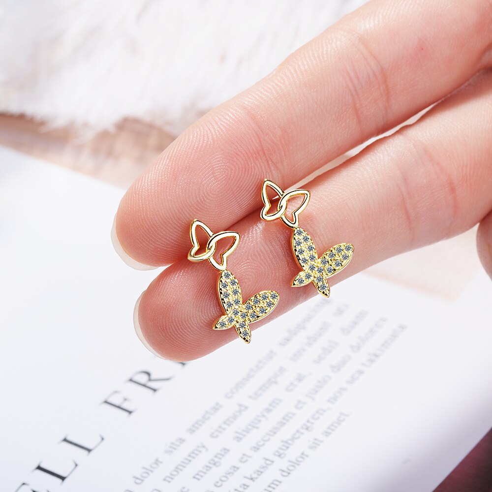 ANENJERY Süße Zarte Schmetterling Ohrringe Silber Farbe Zirkon Ohrringe Für Frauen S-E856