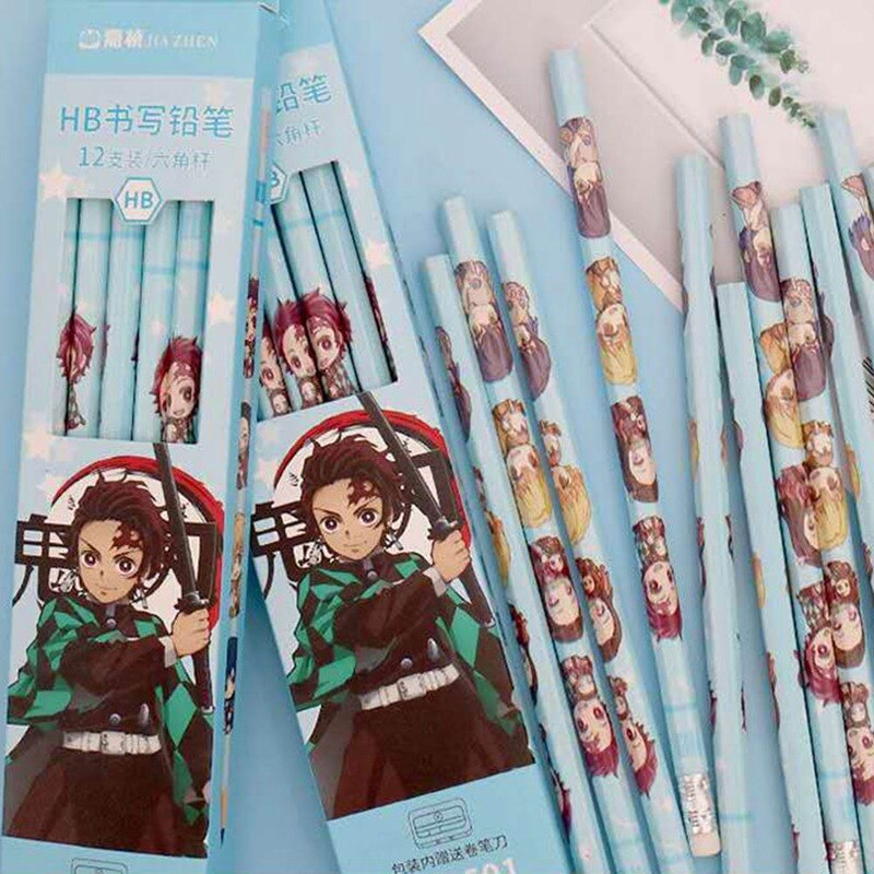 12pc Anime Demon Slayer Kimetsu No Yaiba Kamado Tanjirou Nezuko Wooden Pencil Sketch Drawing Pencils Stationery Hb Standard Grandado