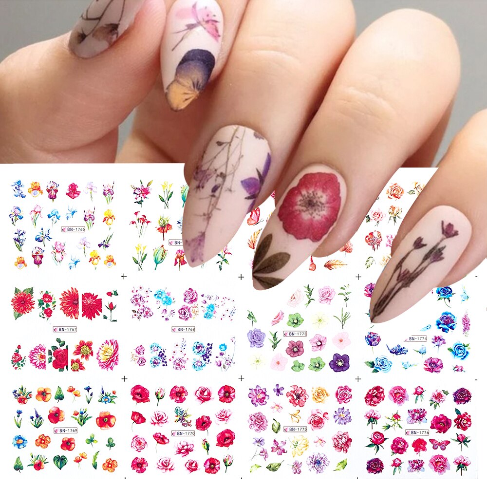 12pcs Spring Flower Nail Stickers Sunflowers Deisgn Water Transfer Decals DIY Nail Art Watermark Manicure Manicure Decor: BN1765-1776