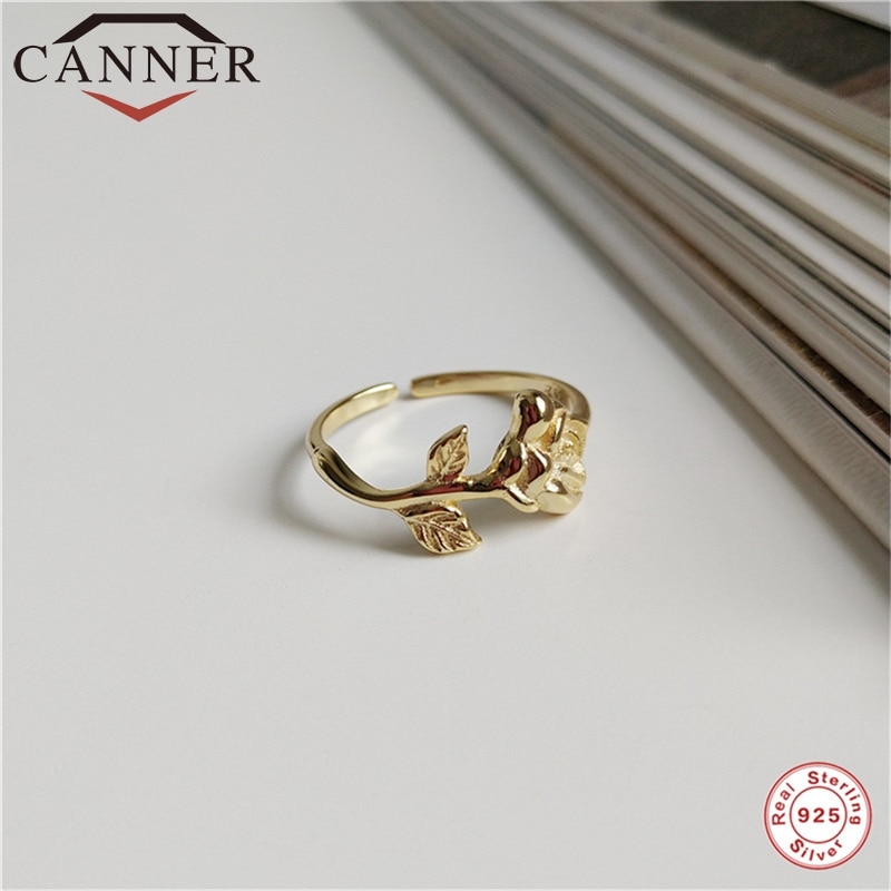 CANNER Adjustable Exquisite Golden Rose Ring 925 Sterling Silver Resizable Rings for Women Wedding Engagement Jewelry FO