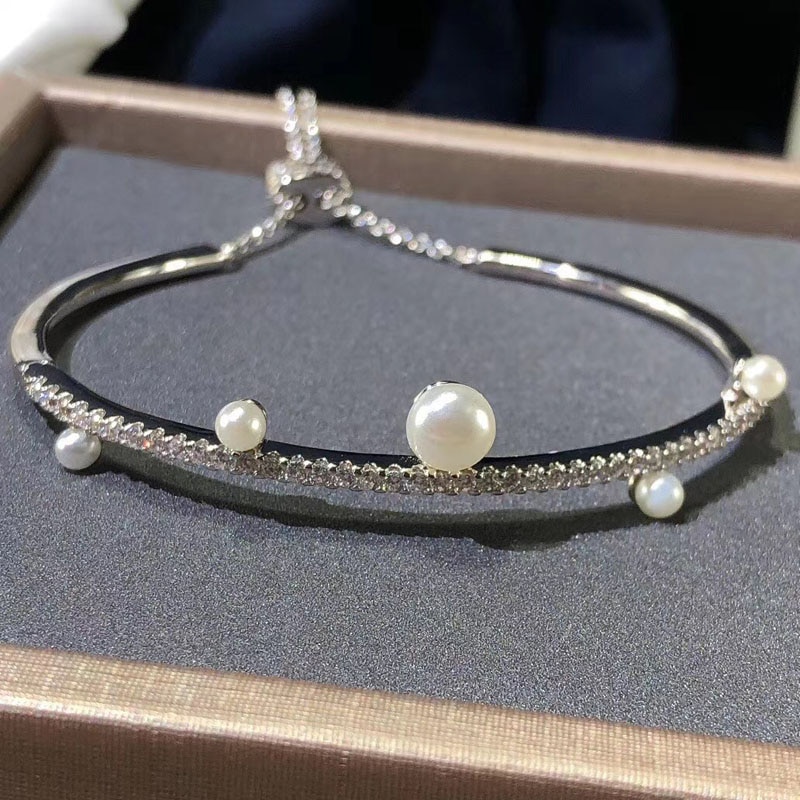 UMGODLY Luxury Brand Bangle Silver Color Line Bracelet Pearl Cuff Zirconia Stones Bangle Statement Women Jewelry