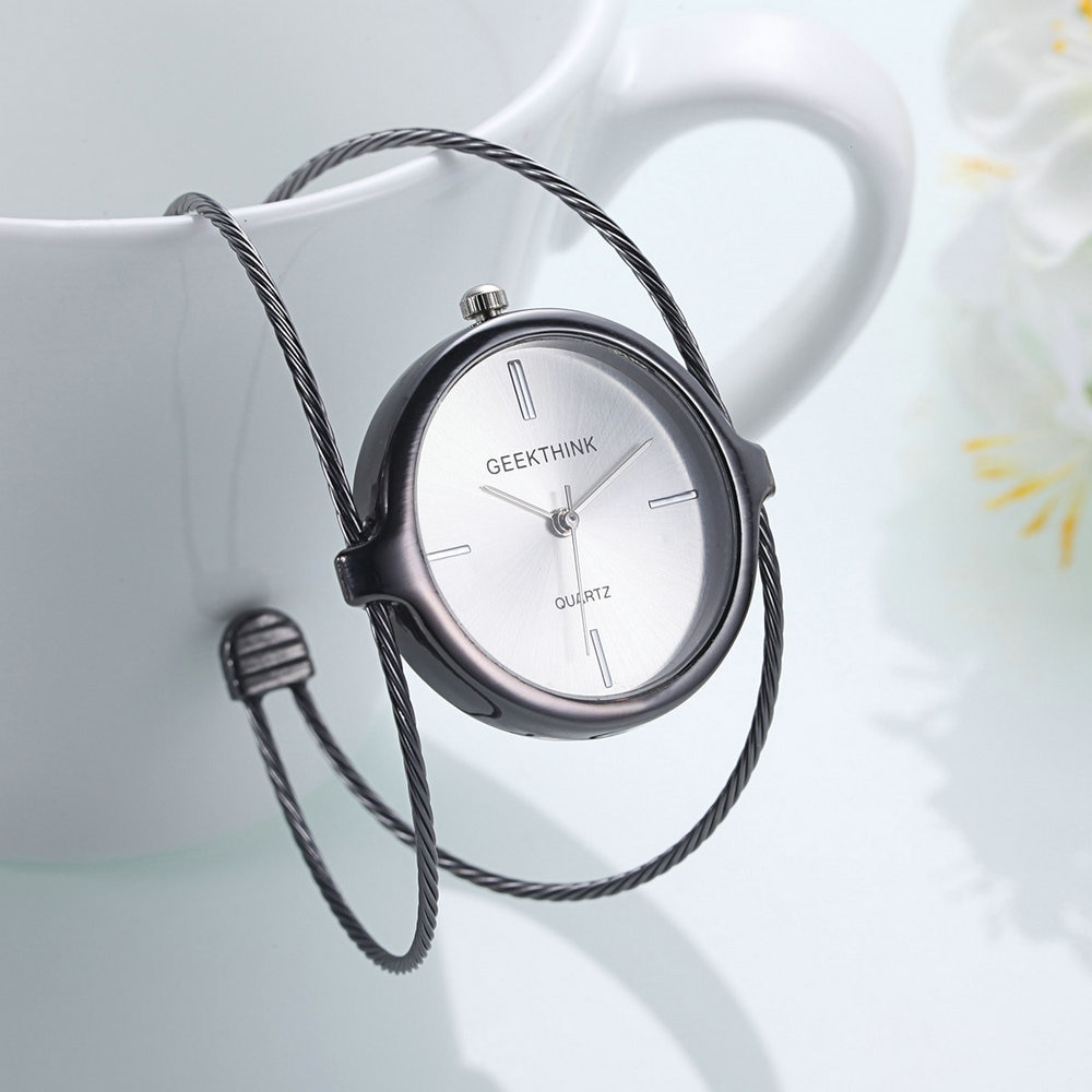 GEEKTHINK Unique Brand Quartz Watch Women Bracelet Ladies Rose Gold Watch female Luxury Double Ring steel band casual: Black