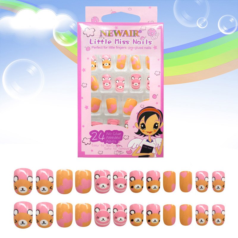 Boîte de faux-ongles courts à pression pour enfants, couverture complète, style différent avec un motif, 24 pièces/boîte, avec colle