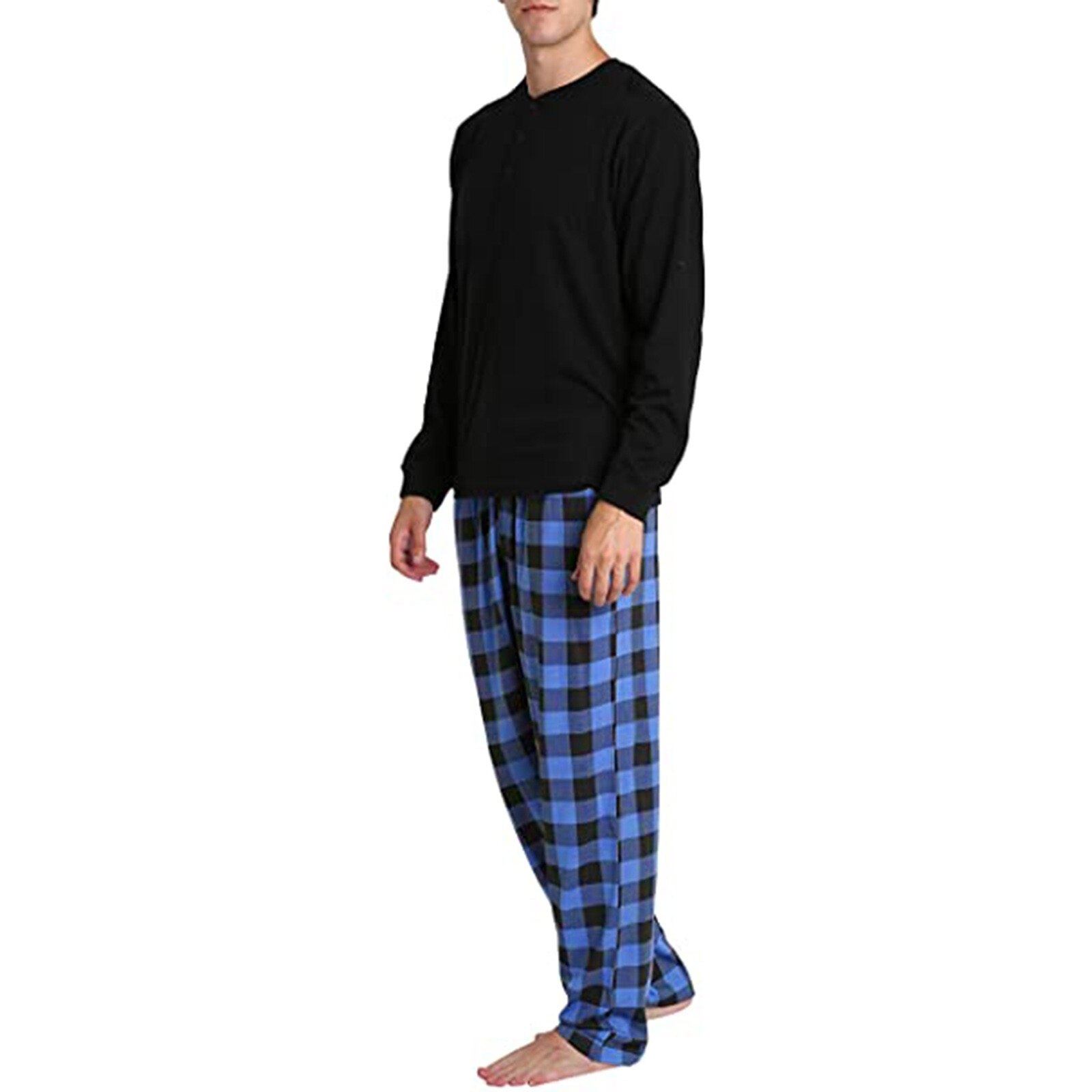 Plaid Printing Sleepwear Pijama Man Set Long Sleeve Soft Pijamas Hombre Invierno Blue Solid Sommeil Tops Home Suit Entero Hombre