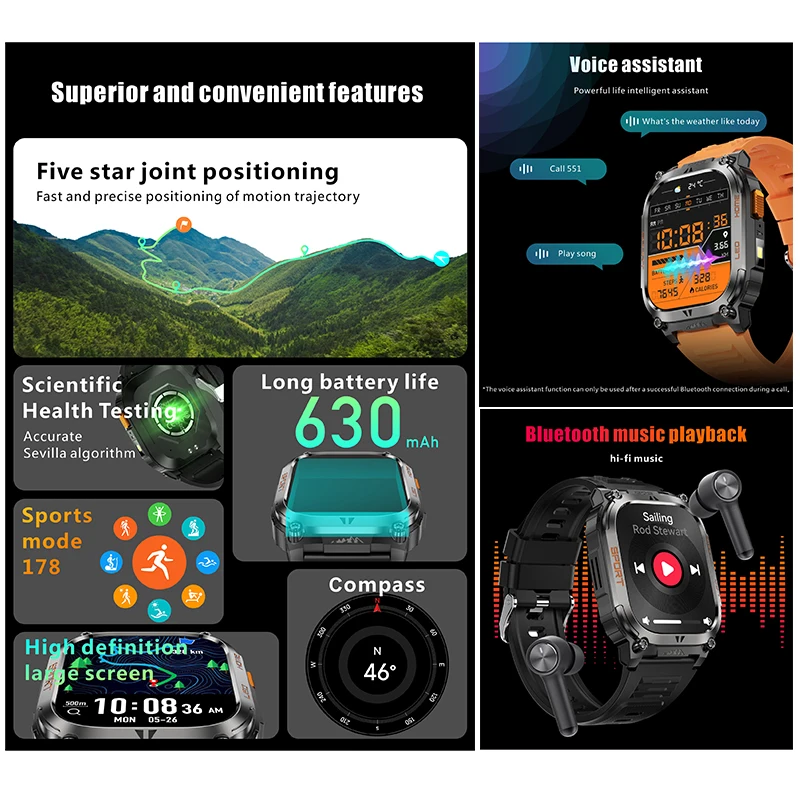 Smartwatch z wbudowanym GPS, wodoodporny IP68, bateria 630 mAh, kompas, barometryczny wysokościomierz, odtwarzanie muzyki Bluetooth, sterowanie głosowe AI, połączenia BT.