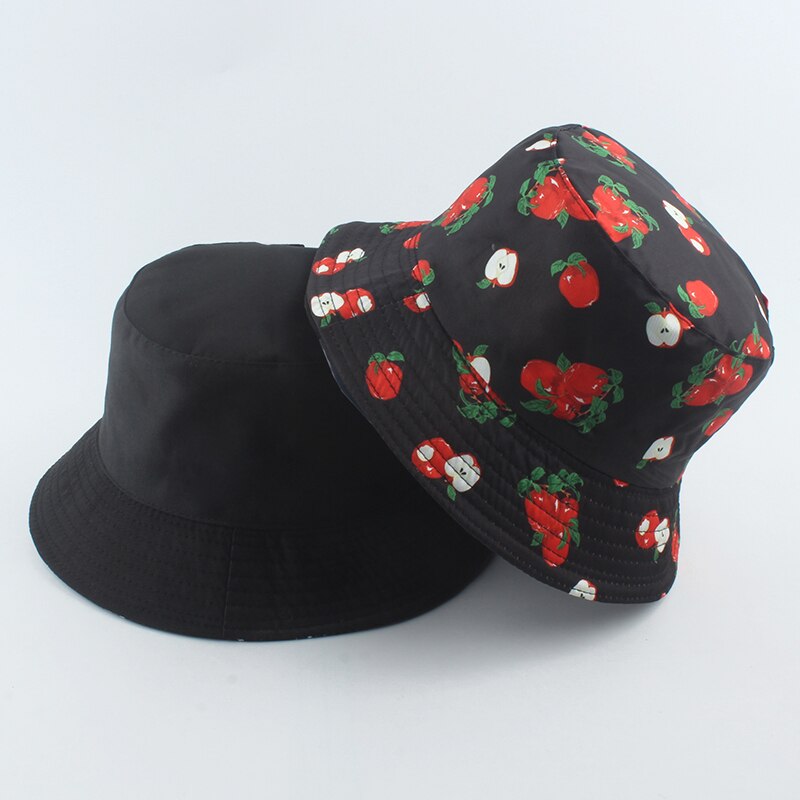 Bob Bucket Hats Men Women Summer Sun Cap Hip Hop Gorros Fruit Kiwi Apple Lemon Strawberry Print Reversible Fisherman Hat: apple black kai
