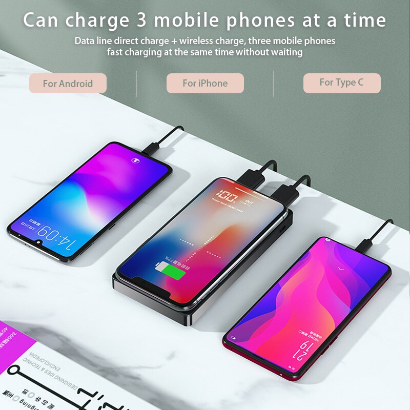 Power Bank 20000mAh Wireless Charger PowerBank External Battery Phone Charger For iPhone Samsung Poverbank 2.1A Fast Charge
