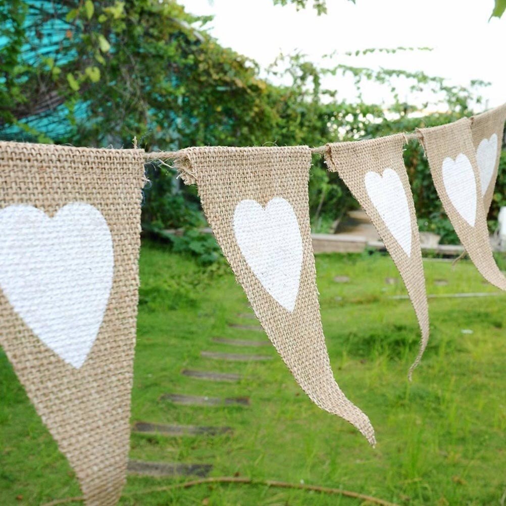 Banderines de arpillera de yute de 4,5 M, banderas de corazón blanco, banderines para decoración de de boda Vintage