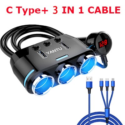 Bil gadget produkter bil cigarettænder stik splitter stik led usb oplader adapter med usb til iphone hurtig oplader 5v/3a: Ctype 3 i 1 kabel