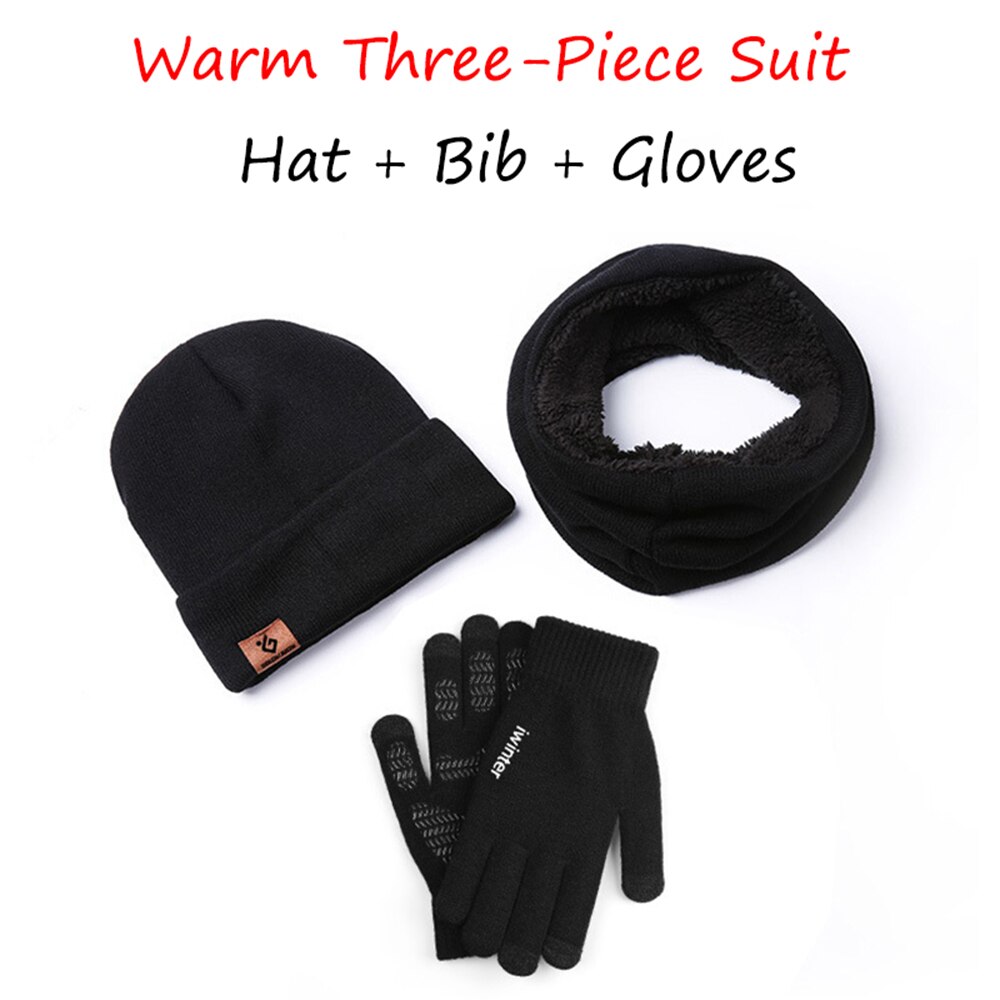 Efterår og vinter hat tørklæde handsker strikket tredelt dragt mænd og kvinder par uld plus fløjl varme handsker sæt