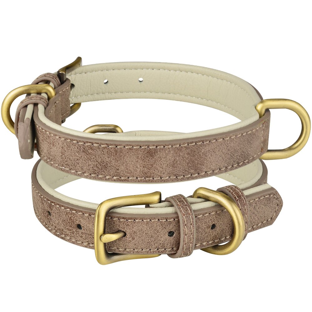 Leather Dog Collar Adjustable Double D-ring Dog Control Small Medium Large Dogs: Gray / M 29-38CM
