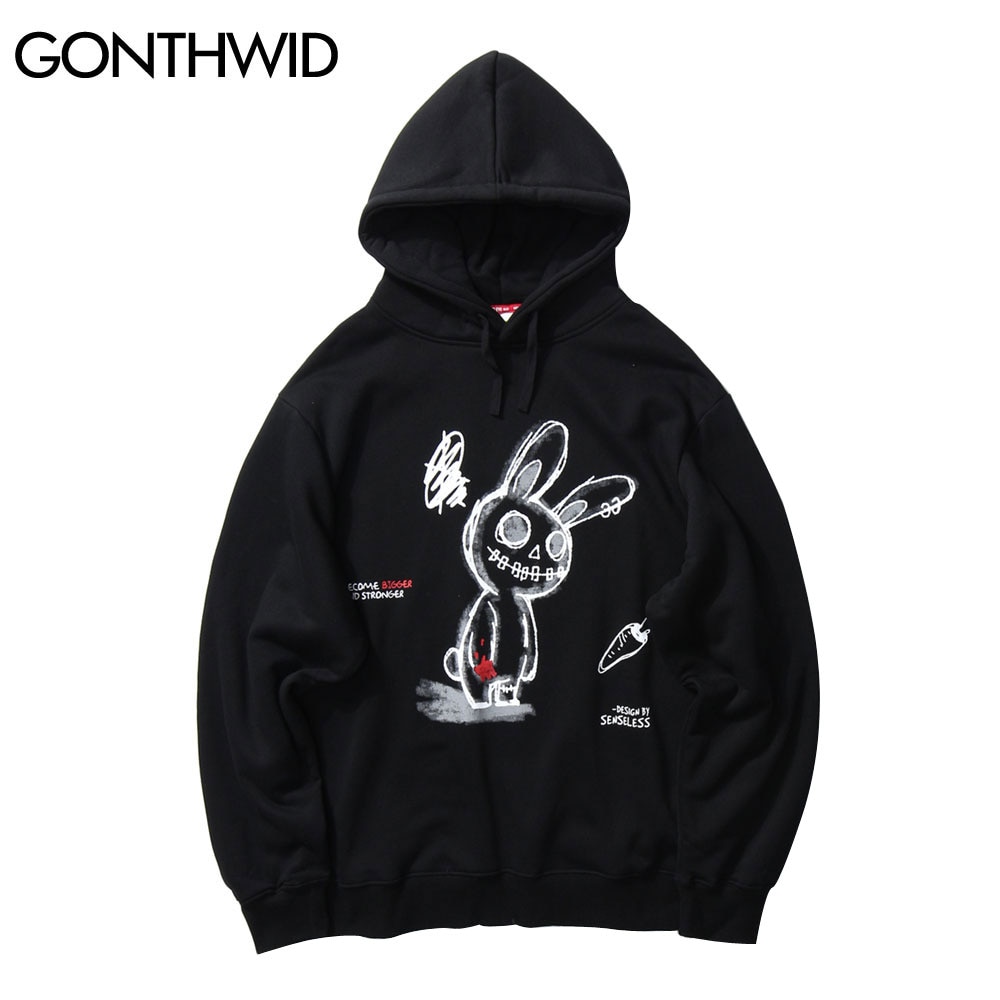 GONTHWID Carrot Smiling Rabbit Print Sweatshirts Streetwear Mens Hooded Hoodies Hip Hop Harajuku Casual Pullover Coat