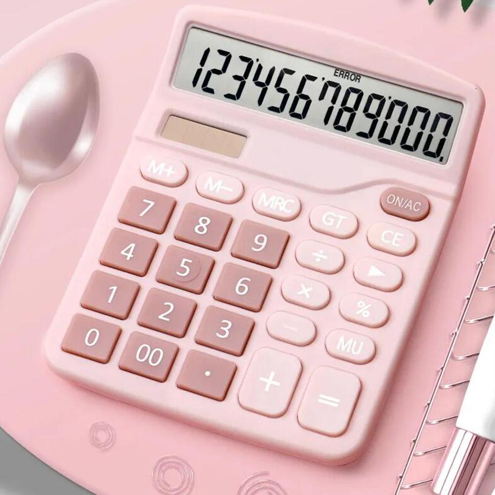 12 Digits Electronic Calculator Desktop Big calculator LCD Display Screen Solar Battery Dual Power for School Home Calculator: Pink