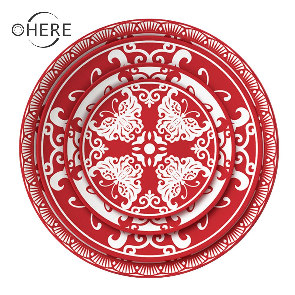 Chinese style red paper-cut pattern bone china tableware round plate set wedding festive dinner plate