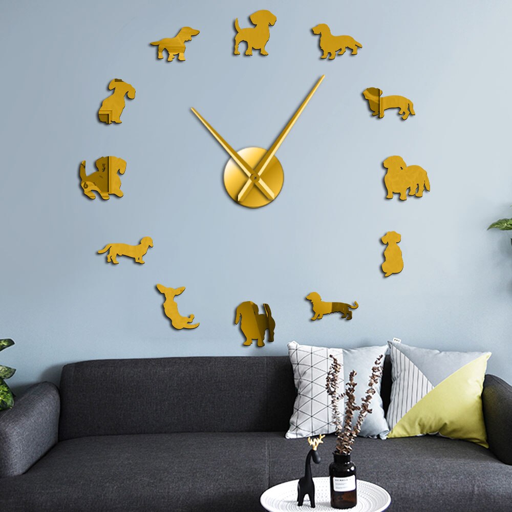 Reloj de pared DIY para amantes de los perros, pegatinas de espejo con de perro salchicha, grande perro de raza, decoración de tienda de mascotas, colgante