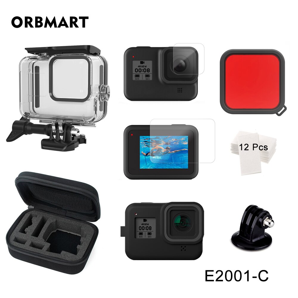 Funda impermeable de 30m para GoPro Hero 8, carcasa para buceo, cubierta protectora de buceo, montaje para para cámara, accesorios de color negro, impermeable hasta 60m: E2001-C