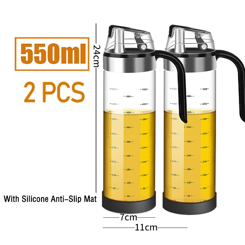 Grande Bouteille en Verre à Rabat et Bouchon Automatique, Distributeur d'Huile d'Olive, Conteneur de Condiments, Cruet Étanche de Vinaigre: 550ML with Pad 2pc