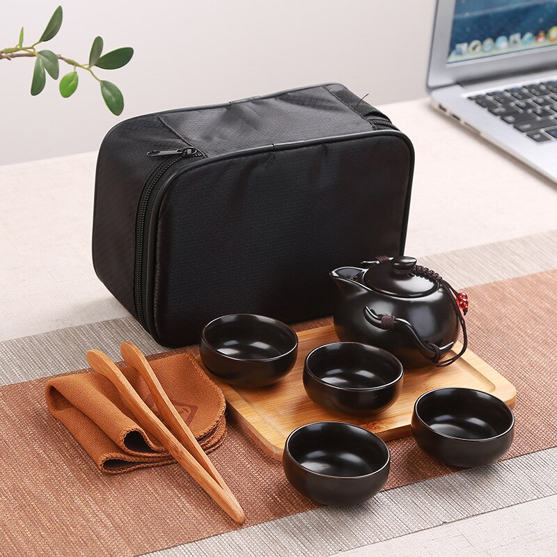 Curso conjunto de chá saco portátil, rápido convidado kungfu cerâmica, um pote, quatro xícaras de presentes do negócio do escritório: Black travel tea set