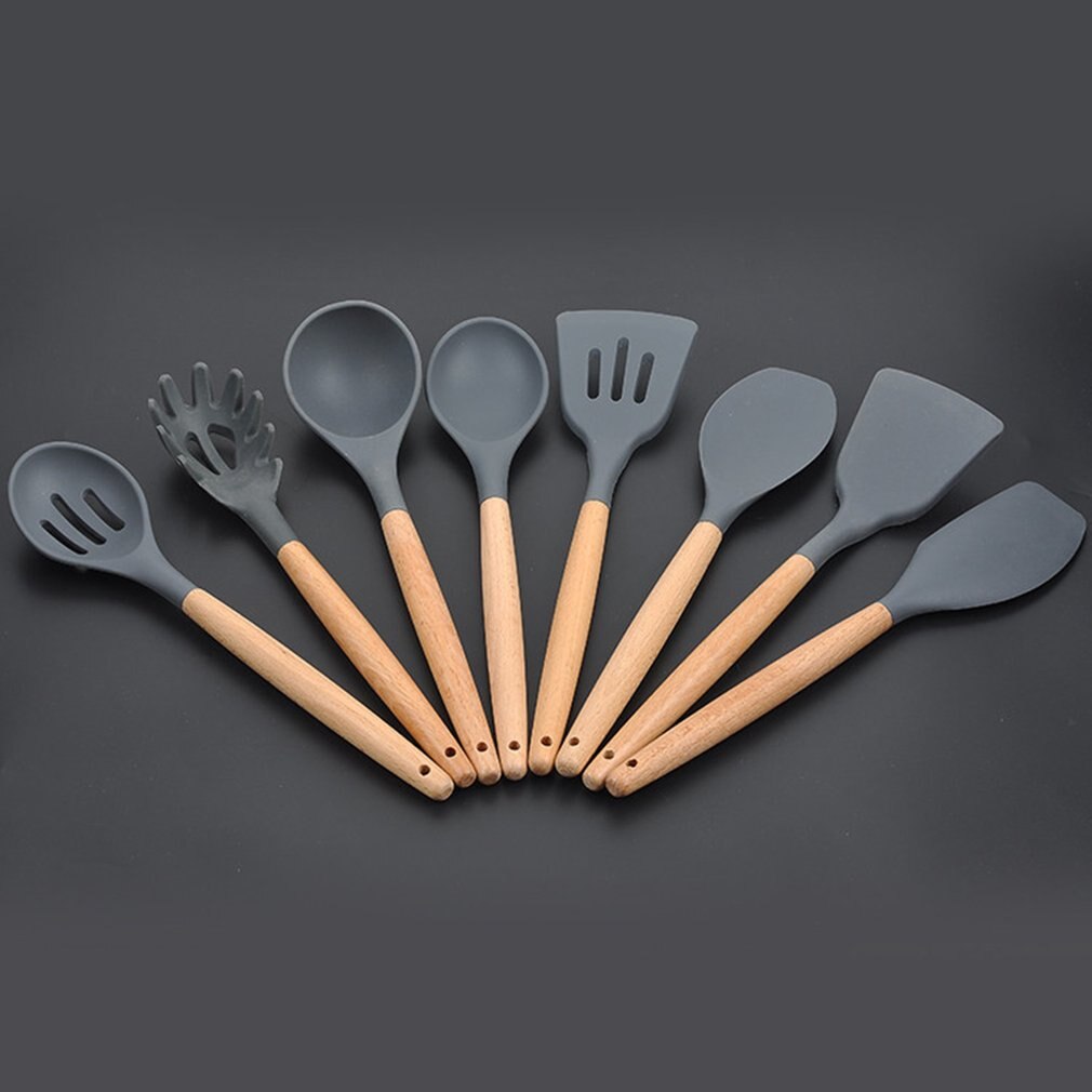 Silicone Wooden Handle Kitchen Set 8 Piece Non-stick Spatula Tool Set Cooking Utensils Kitchen Utensil Set
