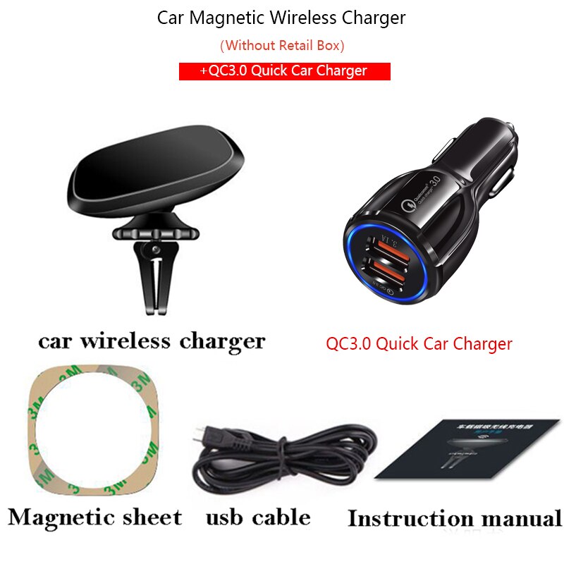 360 Degree Rotation Car Magnetic Wireless Charger Stand for iPhone Huawei Xiaomi Samsung Smartphone Qi Wireless Fast Car Charger: QC3.0 Without Box