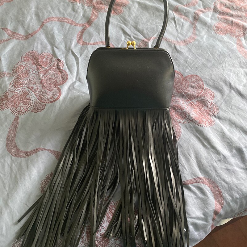 Brass Golden Metal Frame Women Handbags Long Tassel Crossbody Hand Purse Black Shell Top Handle Fringe Bags Shoulder Bag Female