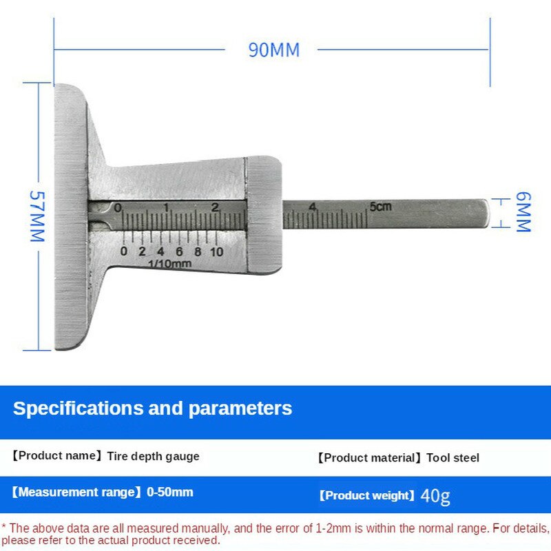 Herramienta de medición de profundidad de neumáticos, regla de seguridad con patrón de neumático de acero inoxidable de , 30mm, 50mm, 60mm: 0-50mm
