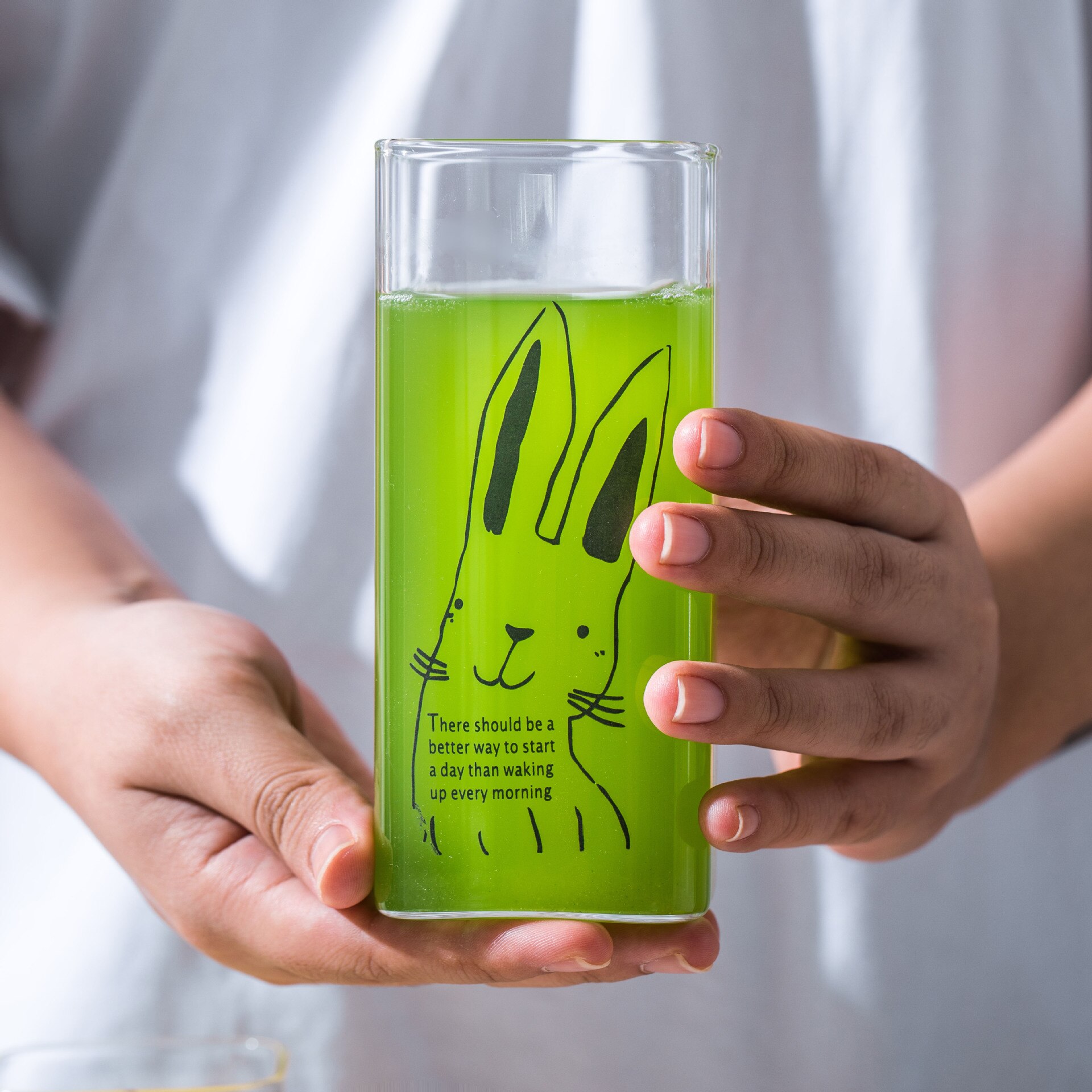 Transparent Square Cup Cute Animal Pattern Glass Cup Household Coffee Milk Breakfast Drink Mug Student Heat-resistant: Rabbit