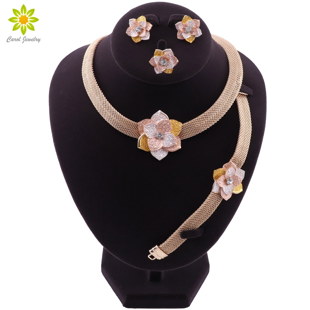 Dubai Gold Color Wedding for Women Flower Shape Necklace Earrings Bracelet Ring African Bridal Collares Jewellery set