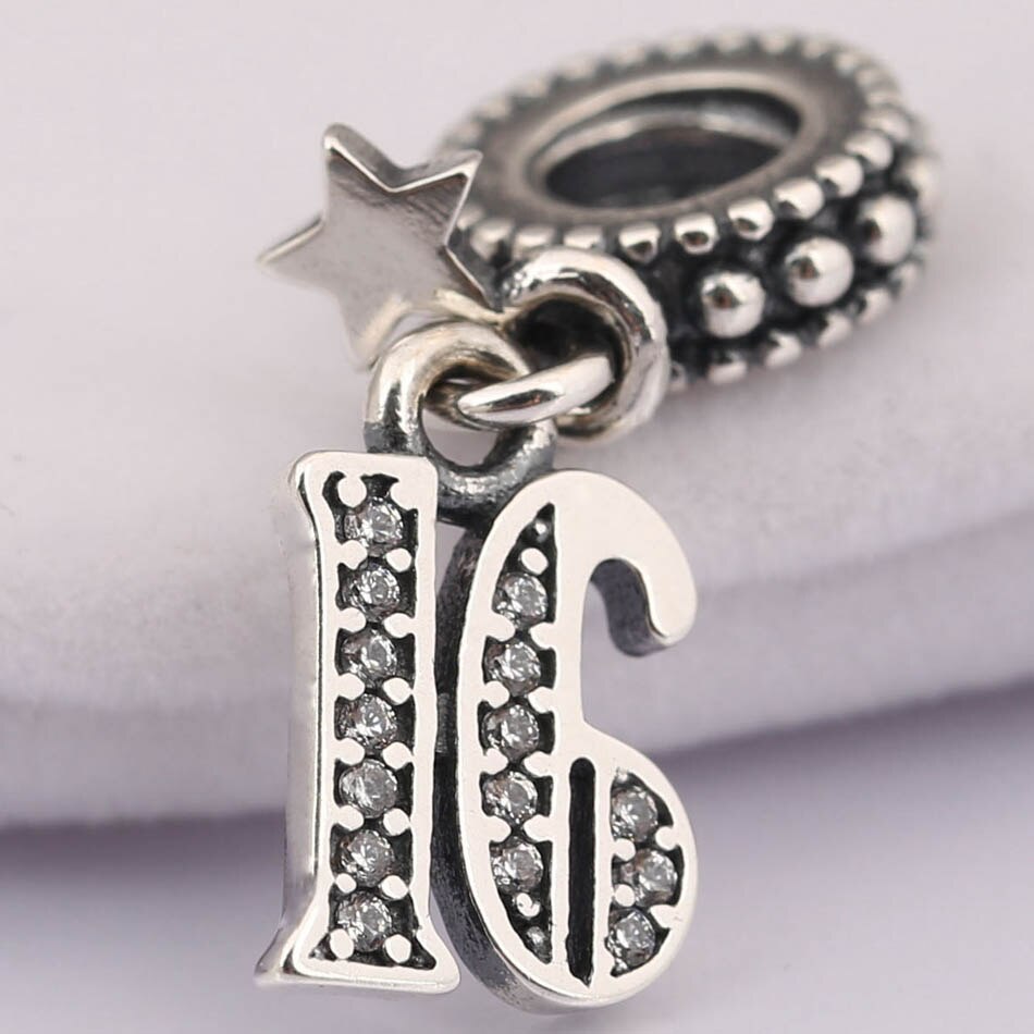 S925 Silver Pendant Bead Charm for Women Bracelet Bangle 16 Years of Love Dangle Charm Clear CZ DIY Jewelry