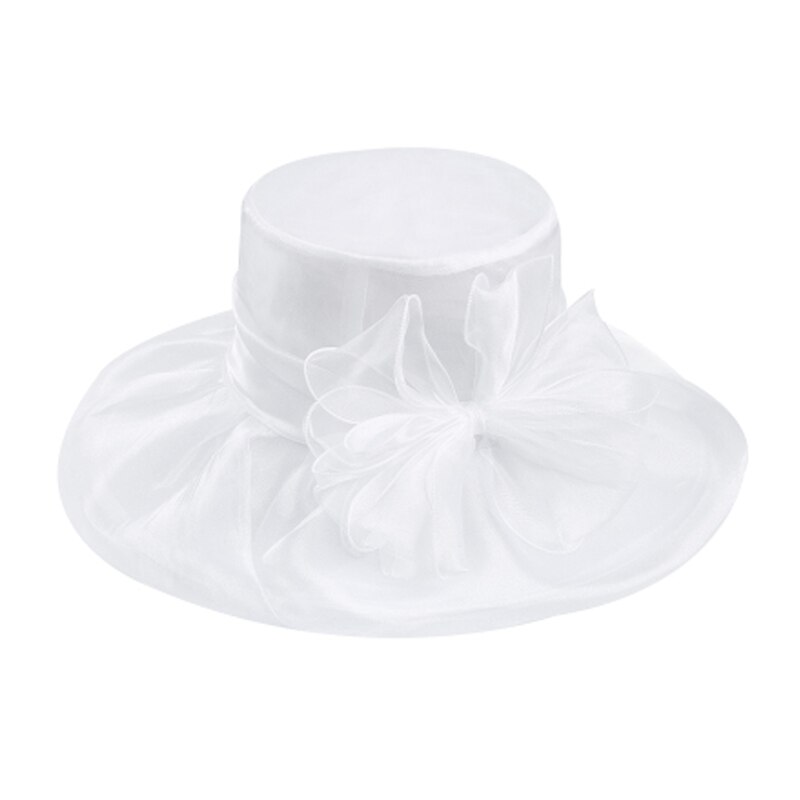 Sombreros de Organza de ala ancha para mujer, sombreros para la Iglesia, sombreros para el sol con flores grandes, plegables, color blanco y rosa, color púrpura: White